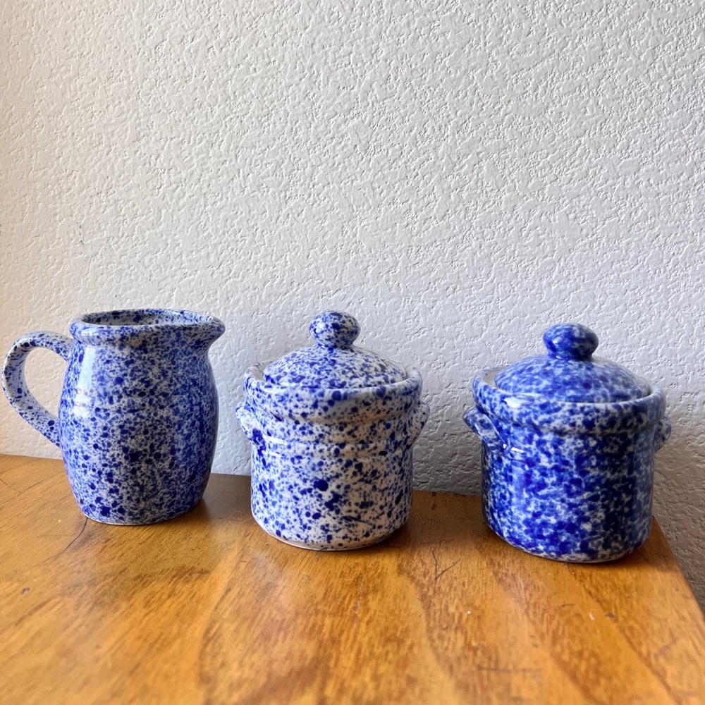 Vintage Atico Taiwan Blue Stoneware Creamer and Sugar Set of 3